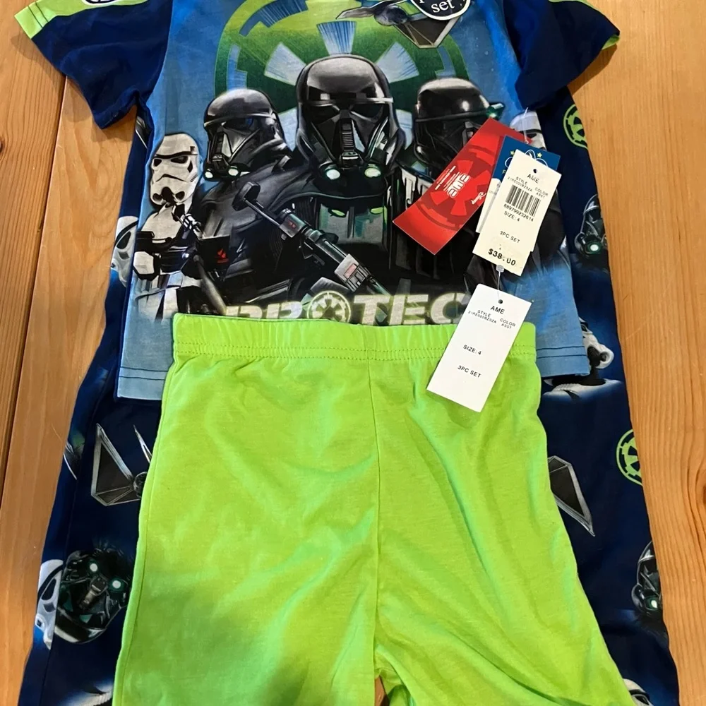 NWT Star Wars Kids Rogue One 3-piece  Pajama Set - Blue and Lime Green size 4T